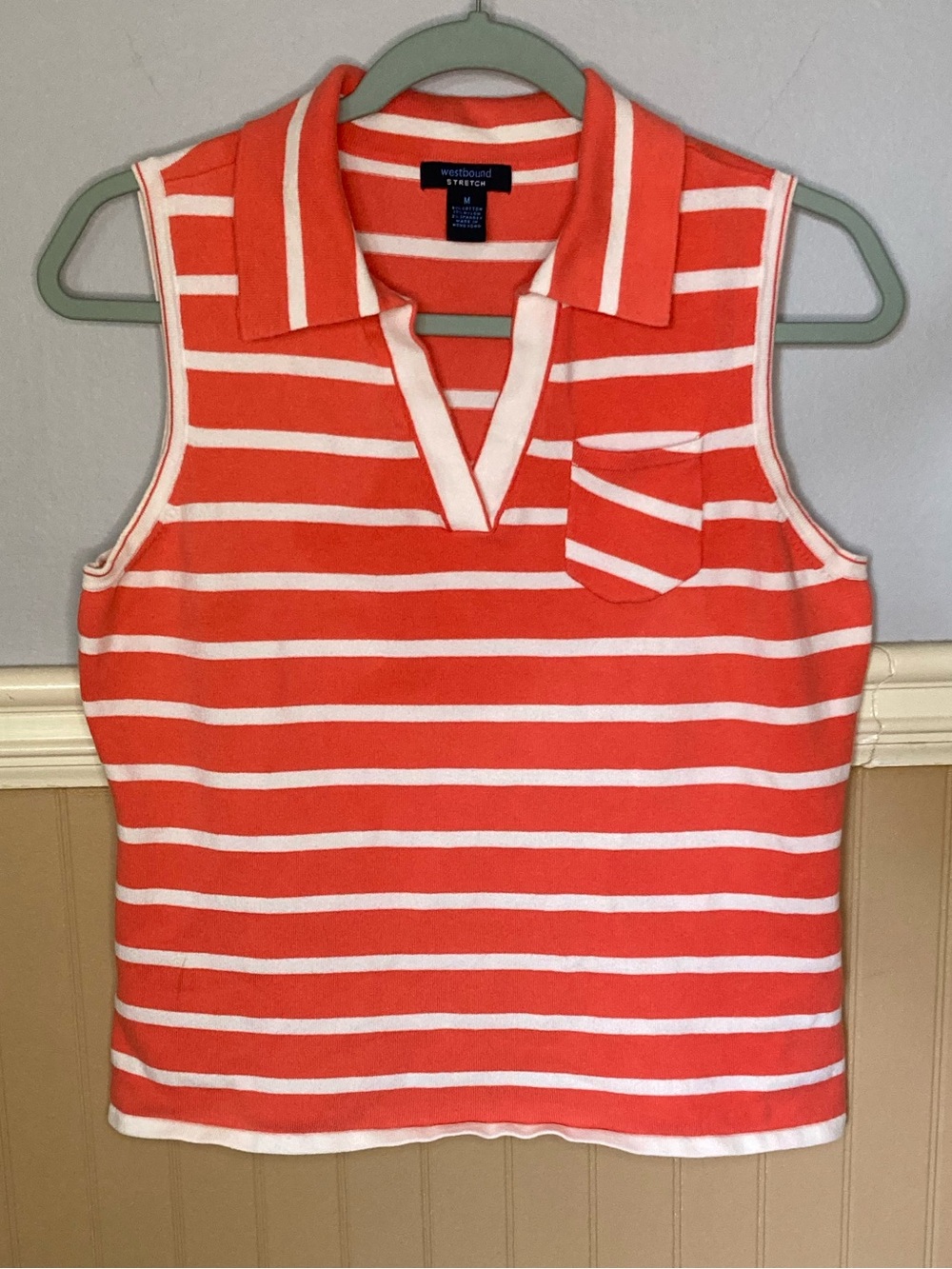 Westbound Stretch Women’s Sleeveless Polo Top - Coral & White Striped - Medium